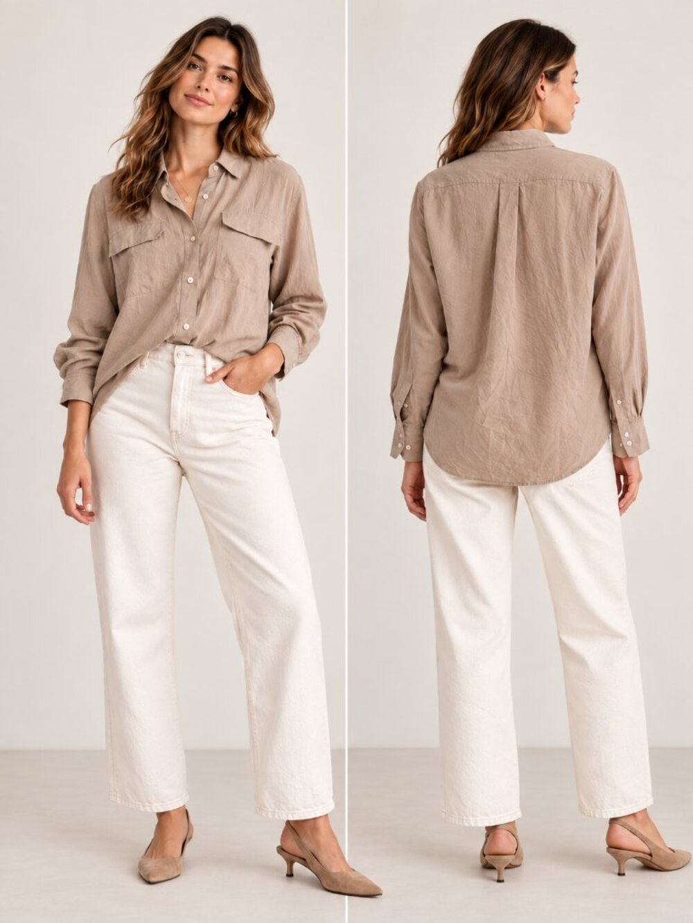 Everlane Taupe 100% Silk Utility Button Down Shirt Size 6